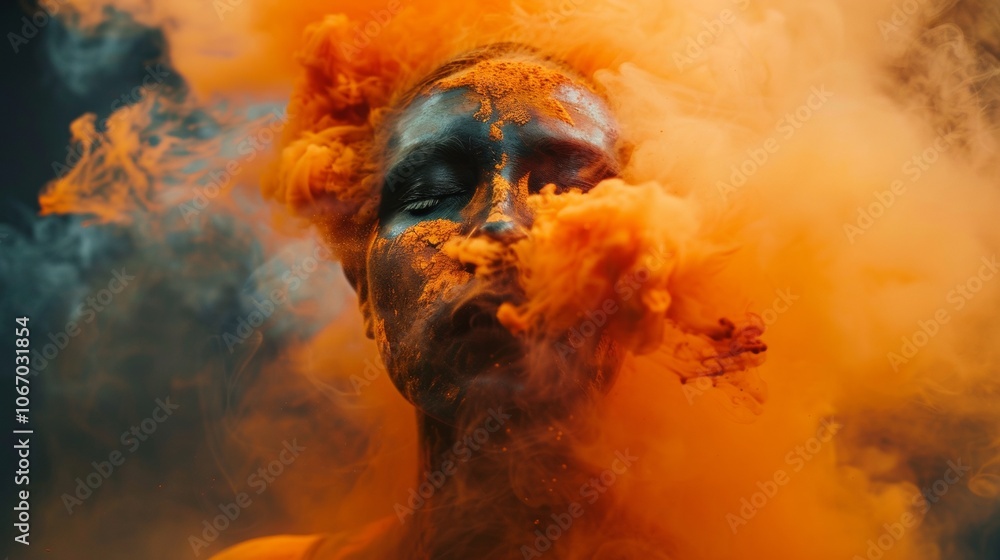 Portrait of woman covered in orange powder in artistic smoke effect Portrait of woman covered in orange powder in artistic smoke effect