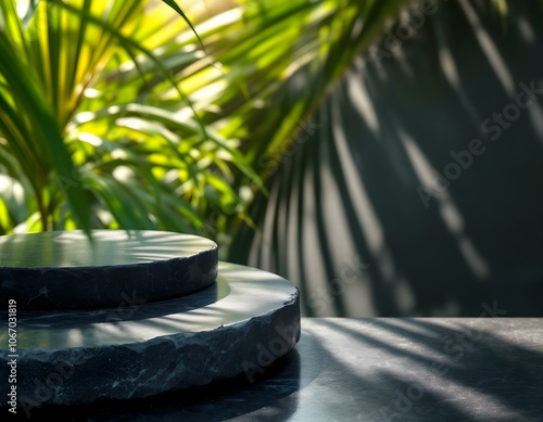 Outdoor Dark Stone Countertop with Tropical Greenery and Sunlit Shadows – Perfect Background for Skincare & Cosmetic Product Display photo