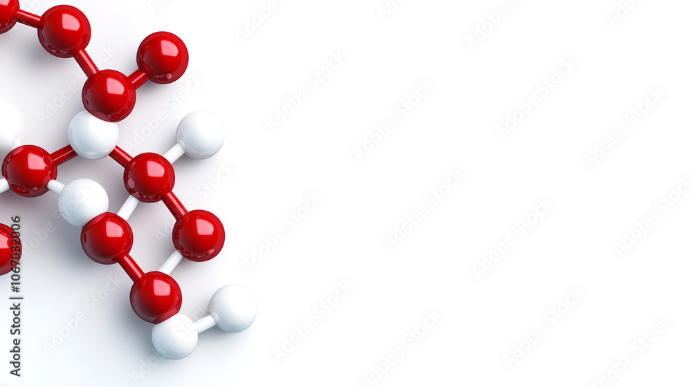 Schematic representation of molecules and compounds in the form of red, black and white balls and lines. White background. Copy space Schematic representation of molecules and compounds in the form of red, black and white balls and lines. White background. Copy space
