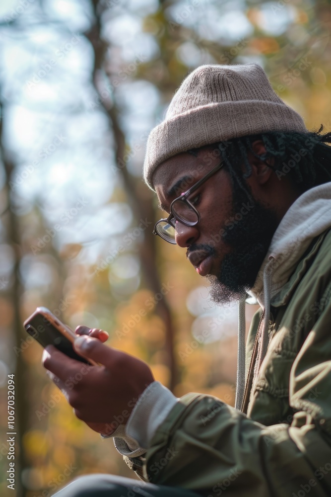 A man sitting on the ground, engrossed in his cellphone. He is wearing glasses and a beanie hat. The setting appears to be a woodland area with fallen leaves and trees around him. A man sitting on the ground, engrossed in his cellphone. He is wearing glasses and a beanie hat. The setting appears to be a woodland area with fallen leaves and trees around him.