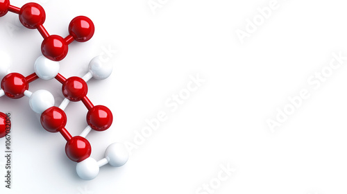 Schematic representation of molecules and compounds in the form of red, black and white balls and lines. White background. Copy space