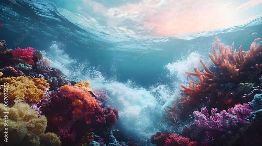 Fototapeta premium An underwater scene showcasing the vibrant colors of coral reefs and waves crashing against them