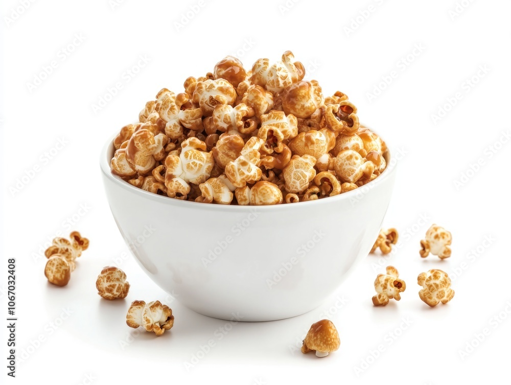 A bowl of fluffy popcorn with caramel, spilling out onto a white surface. A casual, delicious snack. A bowl of fluffy popcorn with caramel, spilling out onto a white surface. A casual, delicious snack.