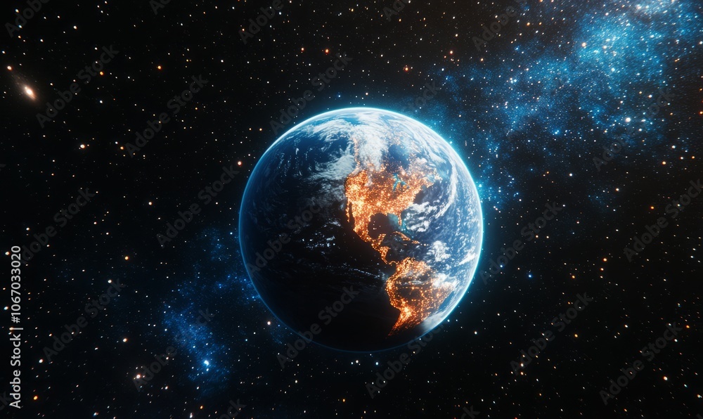 Earth view from space with bright stars and cosmic elements. Earth view from space with bright stars and cosmic elements.