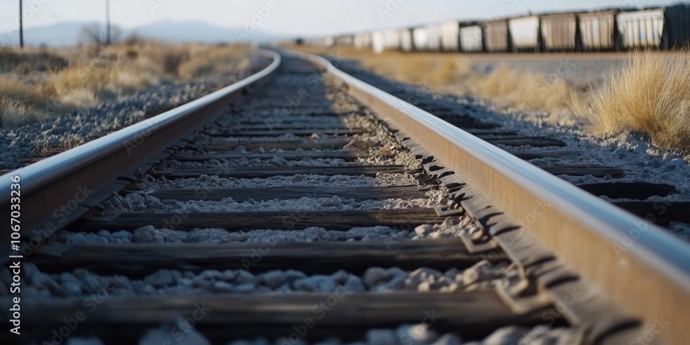Obraz premium Train tracks in a barren desert landscape.