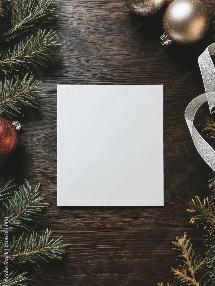 Obraz premium Festive Christmas card with red and green decorations, pine branches.