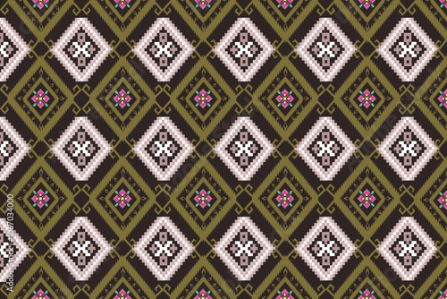 Seamless ikat embroidery pattern in brown, white geometric shapes. Brown background, illustration, vector, design.