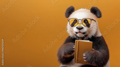 Cute panda bear wearing glasses and holding book, looking curious