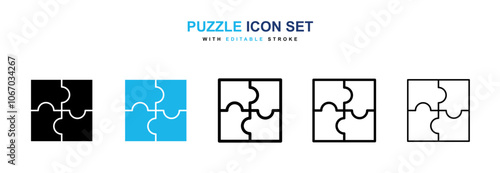 Puzzle icon set in black and blue color