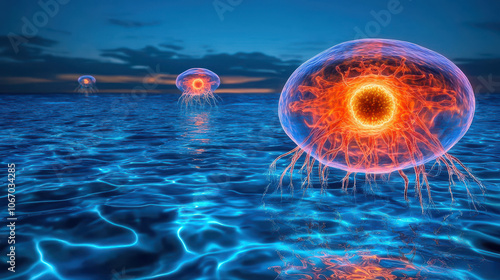 Colorful jellyfish with glowing nuclei in tranquil blue ocean waters photo