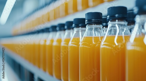 A row of orange juice bottles on a shelf. The bottles are lined up and are all the same size