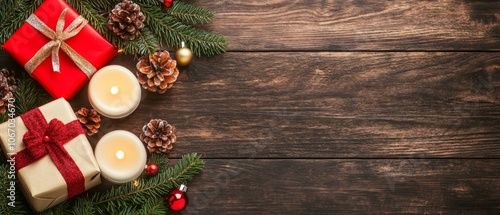 Festive Christmas decorations with pine cones on rustic wooden table.