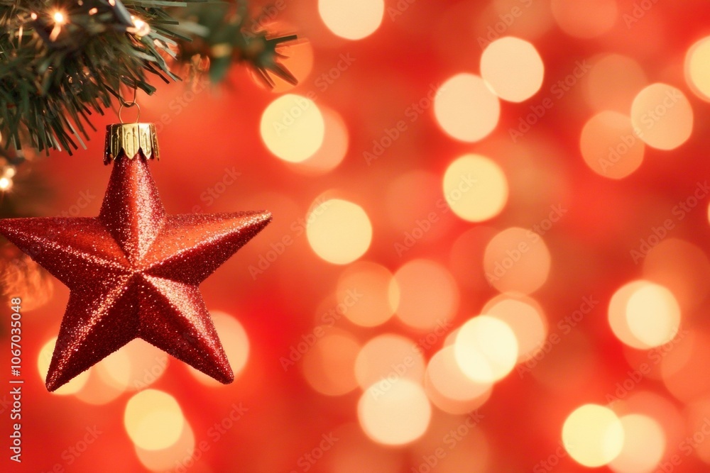 Red star ornament hanging on green Christmas tree branch. Red star ornament hanging on green Christmas tree branch.