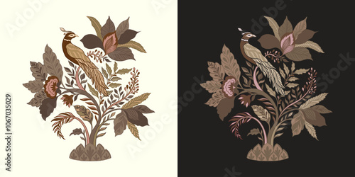 Bird sits on a branch.Mughal decorative ornamental floral. Vintage intricate traditional mughal style with flowers and foliage.