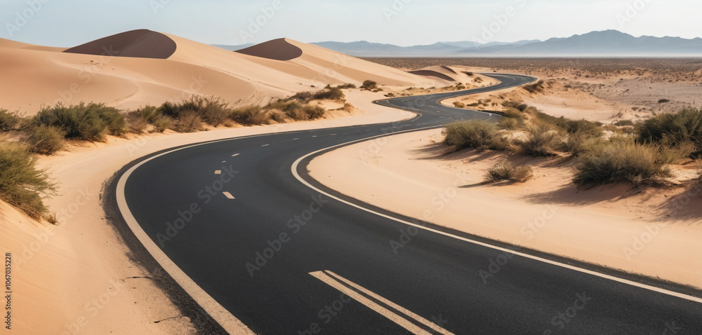 Fototapeta premium Winding asphalt road through a vast sandy desert landscape