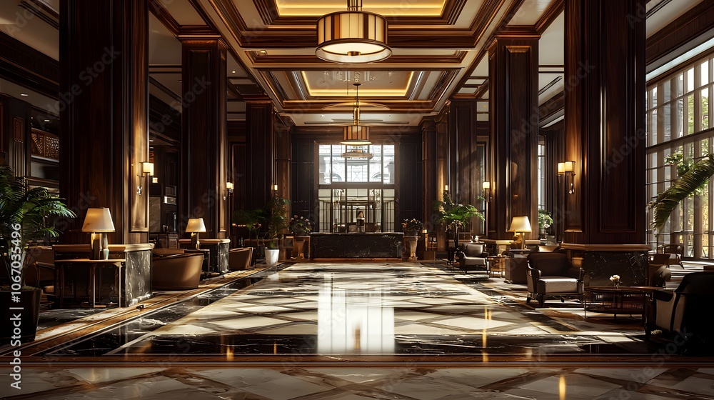 A Super Realistic 3D Hotel Lobby with Rich Wood Finishes and Elegant Lighting Fixtures A Super Realistic 3D Hotel Lobby with Rich Wood Finishes and Elegant Lighting Fixtures