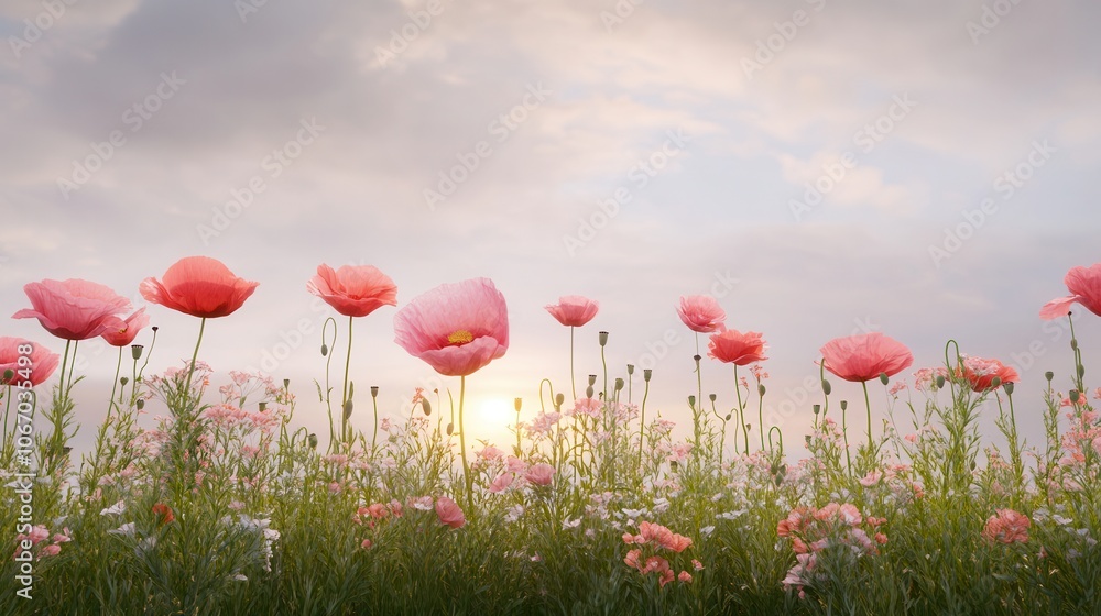 Fototapeta premium Discover the serenity of sunset-painted poppy fields in nature's embrace