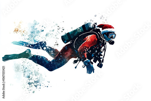 Santa Claus is scuba diving underwater with a red suit and a Santa hat. He is wearing a scuba mask and tank. The image is in a watercolor style with a blue and green background. photo