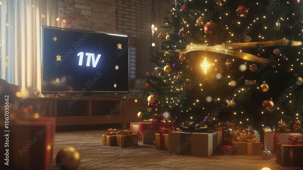 1TV logo as a sparkling ice sculpture in the center of a winter wonderland scene, surrounded by snow-covered pine trees, twinkling Christmas lights, and softly falling snowflakes 1TV logo as a sparkling ice sculpture in the center of a winter wonderland scene, surrounded by snow-covered pine trees, twinkling Christmas lights, and softly falling snowflakes