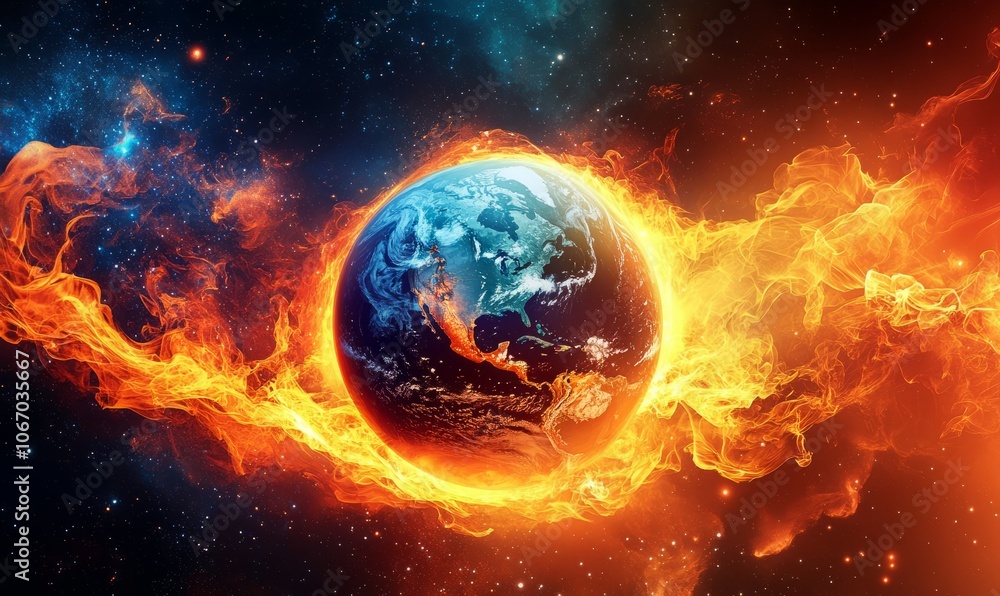 Earth surrounded by flames on a cosmic background Earth surrounded by flames on a cosmic background