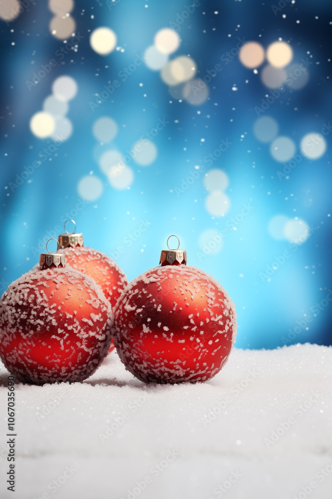 Red Christmas Ornaments with Snow on Festive Blue Background
Red Christmas Ornaments with Snow on Festive Blue Background