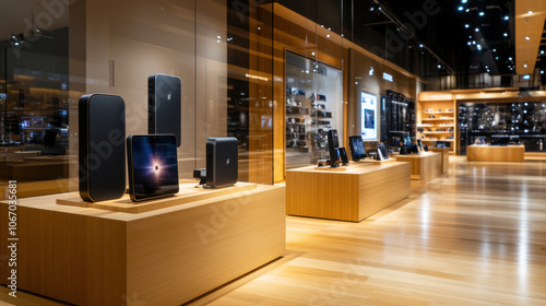 High end electronics store with sleek product displays and modern design