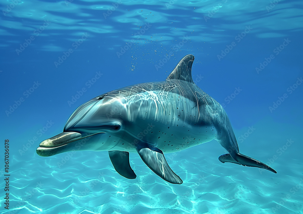 Fototapeta premium A sleek, vibrant blue dolphin glides effortlessly through the crystal-clear waters, its skin shimmering with every movement, catching the sun's rays in a dance of light and color