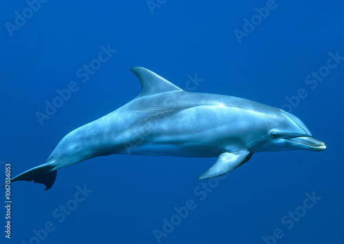 A sleek, vibrant blue dolphin glides effortlessly through the crystal-clear waters, its skin shimmering with every movement, catching the sun's rays in a dance of light and color