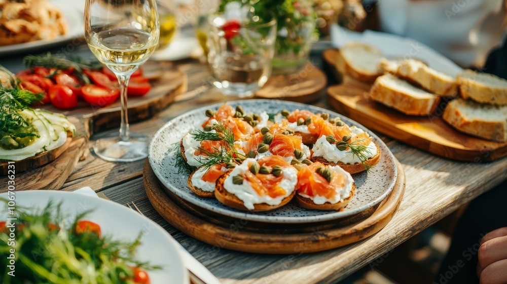 Appetizing Platter of Delicious Canapés and Wine Appetizing Platter of Delicious Canapés and Wine
