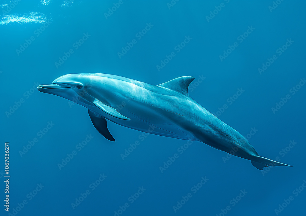 A sleek, vibrant blue dolphin glides effortlessly through the crystal-clear waters, its skin shimmering with every movement, catching the sun's rays in a dance of light and color A sleek, vibrant blue dolphin glides effortlessly through the crystal-clear waters, its skin shimmering with every movement, catching the sun's rays in a dance of light and color