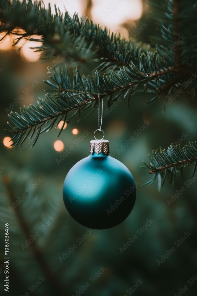 Blue Christmas ball hanging on tree branch, festive holiday decor. Blue Christmas ball hanging on tree branch, festive holiday decor.