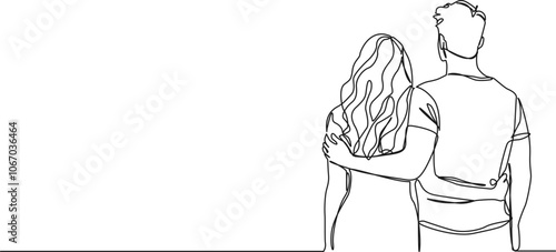 continuous single line drawing of young man and woman with arms around each other, rear view, line art vector illustration