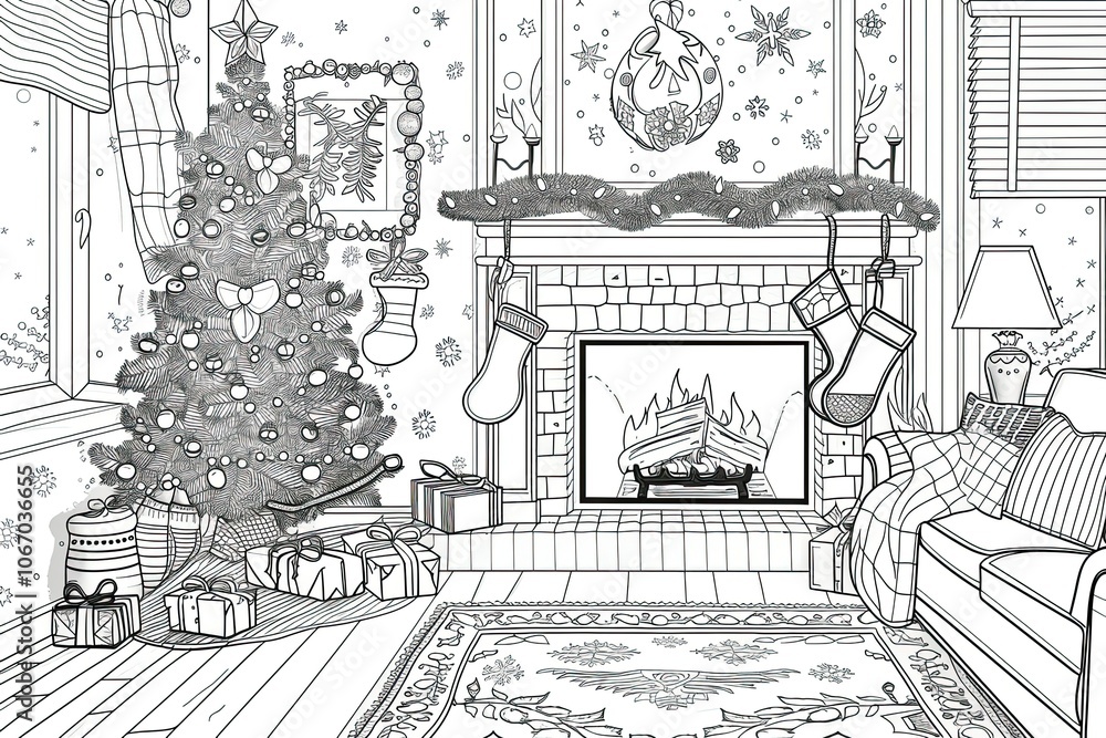 Fototapeta premium Christmas coloring pages with Christmas tree, snowman, wreath
