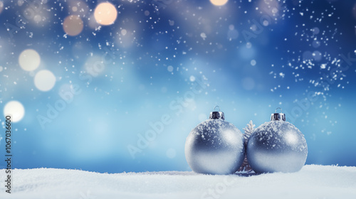 Silver Christmas Ornaments on Snowy Surface with Blue Bokeh Background 