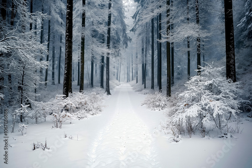 A snowy path in the middle of a snowy forest