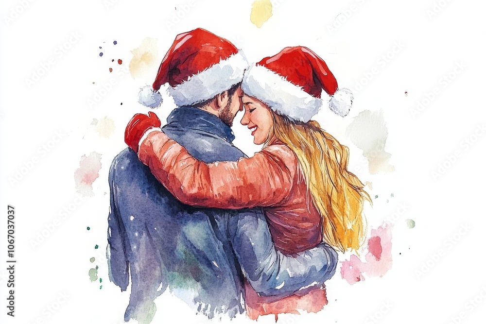 Obraz premium This charming watercolor illustration showcases a loving couple embracing in holiday spirit, adorned in winter hats, symbolizing love, togetherness, joy, warmth, and celebration.