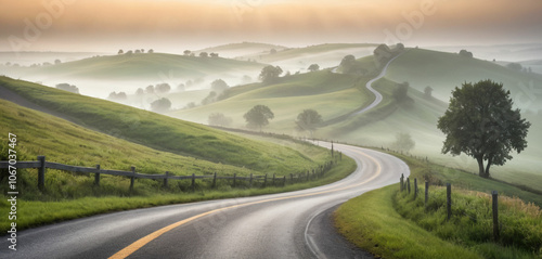 Winding road through misty morning hills