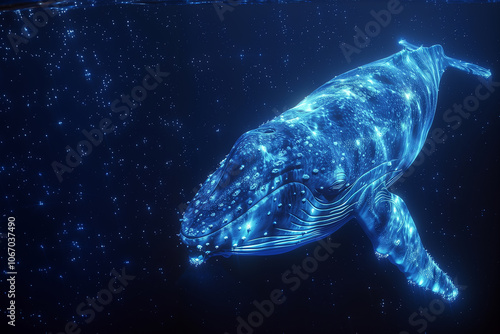 The immense blue whale glides through the ocean depths, its skin a mesmerizing display of textures, each tubercle and shell delicately visible on its vast surface. photo