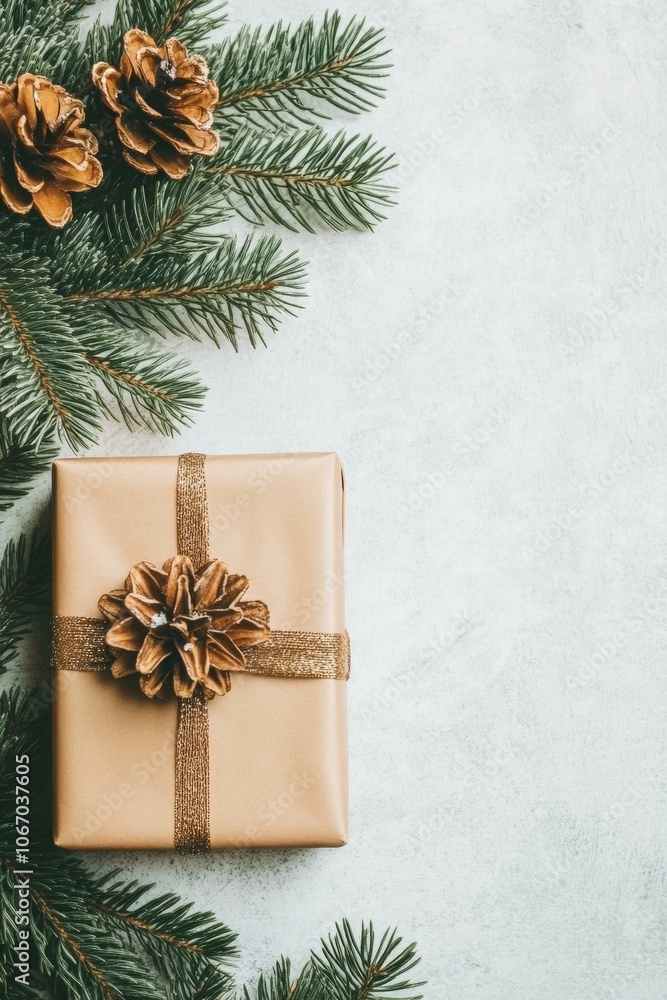 Brown paper gift with gold bow, pine cones, rustic holiday charm. Brown paper gift with gold bow, pine cones, rustic holiday charm.