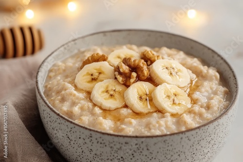 Creamy Oatmeal with Banana and Walnut Topping