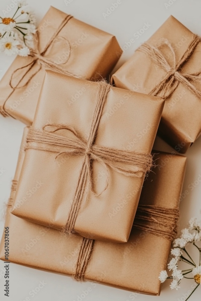 Rustic wrapped presents with twine, perfect for holiday gifting. Rustic wrapped presents with twine, perfect for holiday gifting.