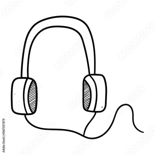 Hand drawn doodle wired headphones on white background.