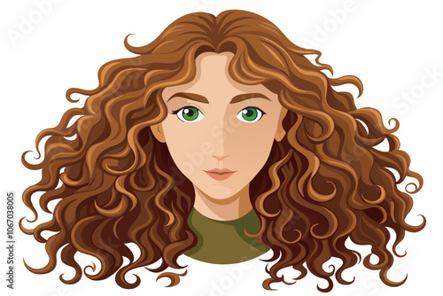   woman with chestnut hair, green eyes, symmetrical eyebrows, and a noticeable Cupid's bow on her upper lip. She wears a greenish top and faces the viewer against a white background,