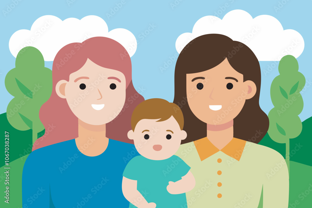Two blonde women in green shirts stand with a smiling toddler between them, against a backdrop of trees, clouds, and blue sky, radiating a warm and positive vibe. Two blonde women in green shirts stand with a smiling toddler between them, against a backdrop of trees, clouds, and blue sky, radiating a warm and positive vibe.