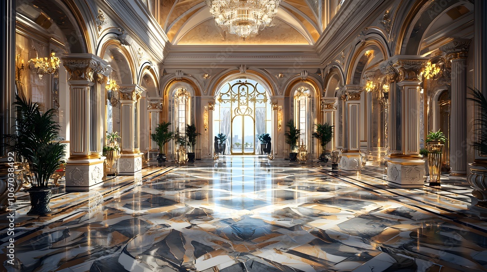 A Super Realistic 3D Hotel Lobby with Grand Architecture and Elegant Decor A Super Realistic 3D Hotel Lobby with Grand Architecture and Elegant Decor