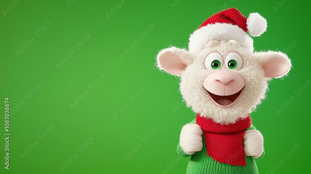 White sheep in red scarf, green sweater, standing on grass. White sheep in red scarf, green sweater, standing on grass.