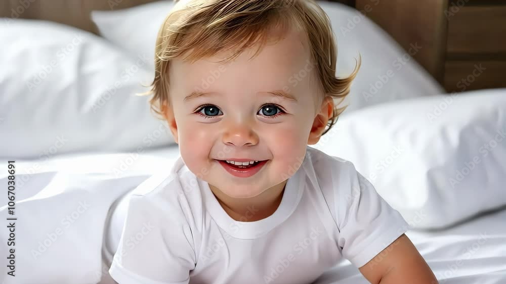 Baby smiling and playing on white bed sheets Baby smiling and playing on white bed sheets