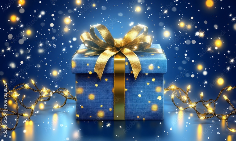 Festive gift box with gold ribbon on a blue background with holiday lights. Festive gift box with gold ribbon on a blue background with holiday lights.