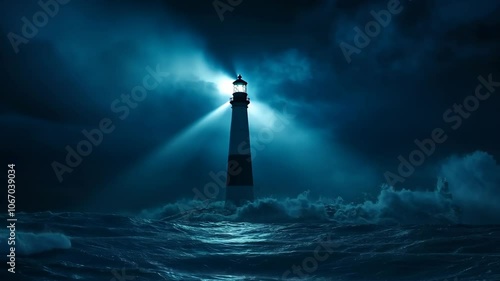 A lighthouse stands tall against the stormy sea, its beacon cutting through the darkness of the night