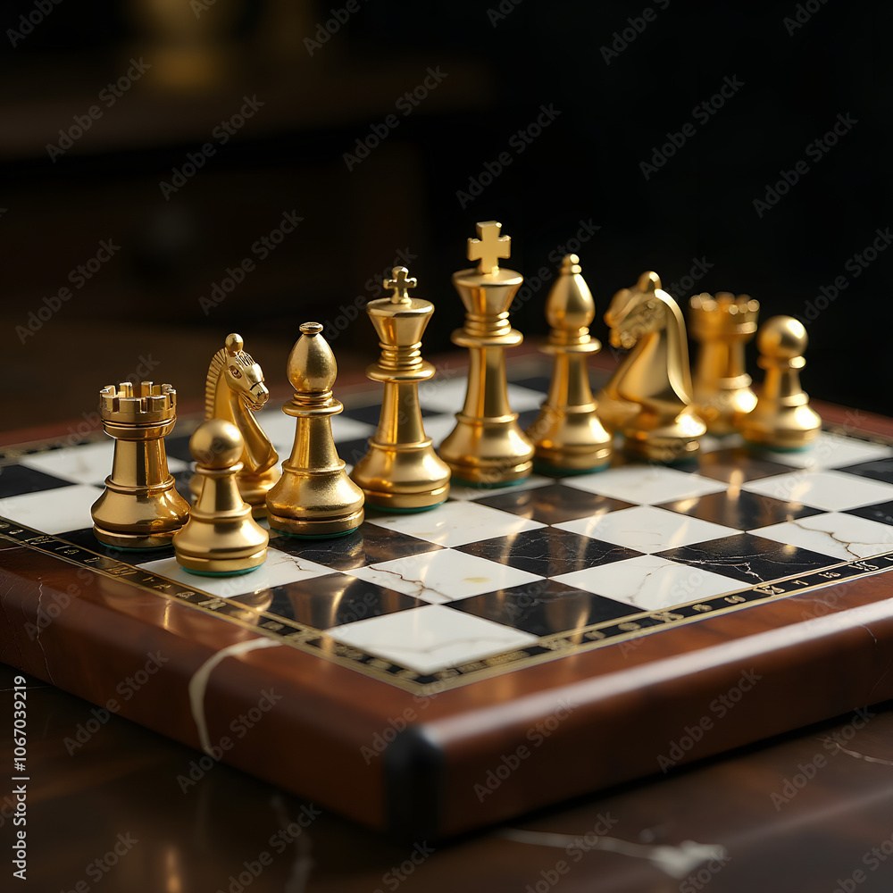 Golden Chess Pieces on a Classic Chessboard Golden Chess Pieces on a Classic Chessboard